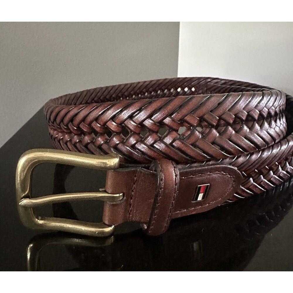 TOMMY HILFIGER Braided Woven Brown Leather Belt Small 32 Handmade Vintage